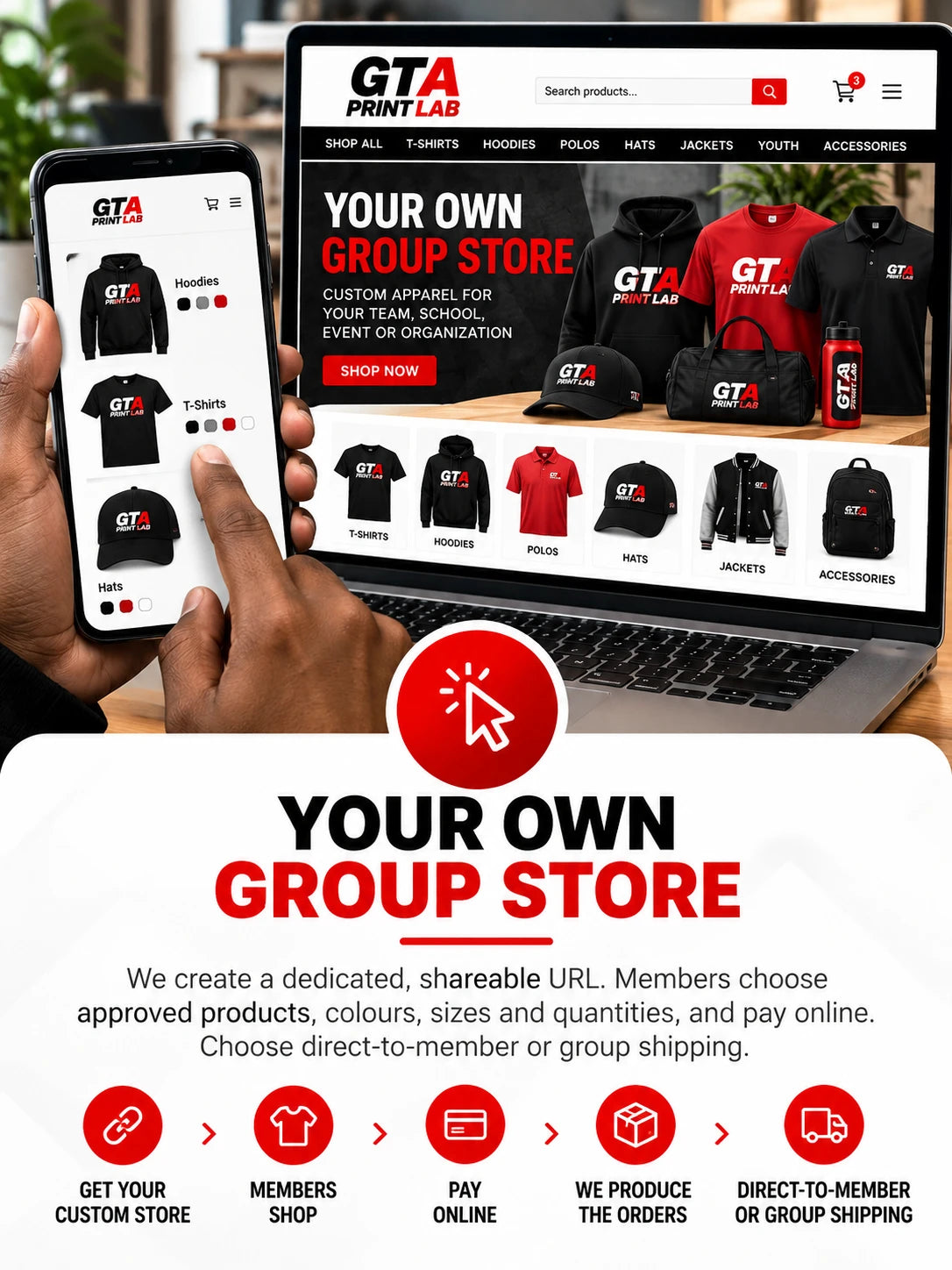 Your own group store: we create a dedicated, shareable URL. Members choose approved products, colours, sizes and quantities, and pay online. Choose direct-to-member or group shipping.