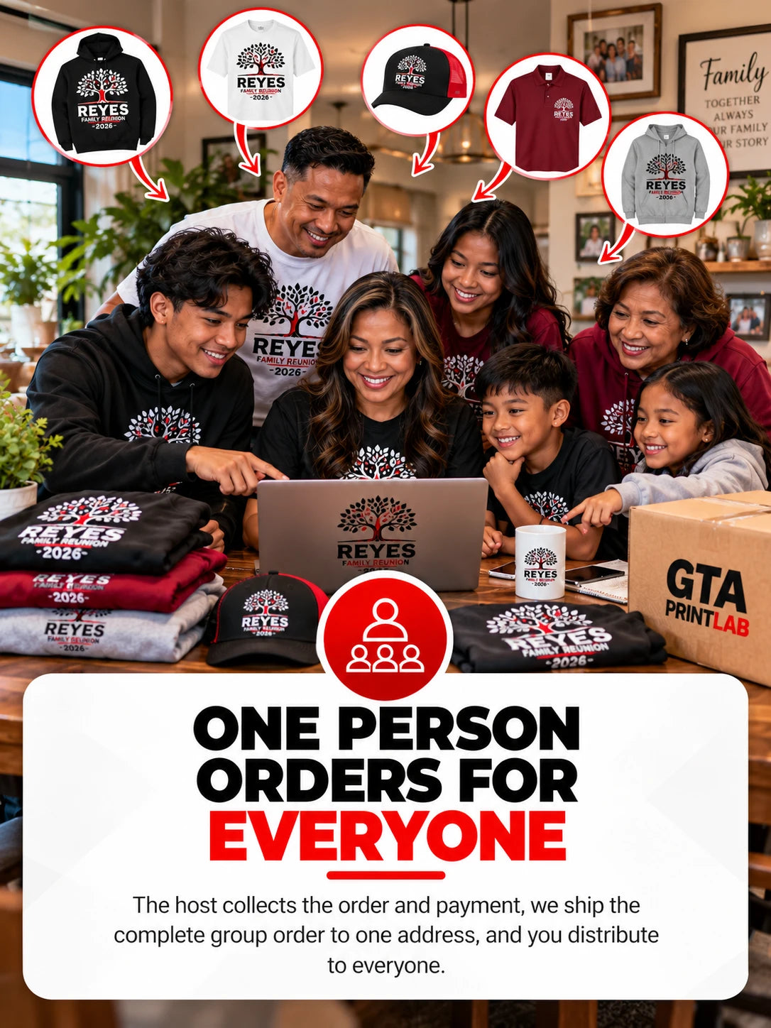 One person orders for everyone: the host collects the order and payment, we ship the complete group order to one address, and you distribute to everyone.
