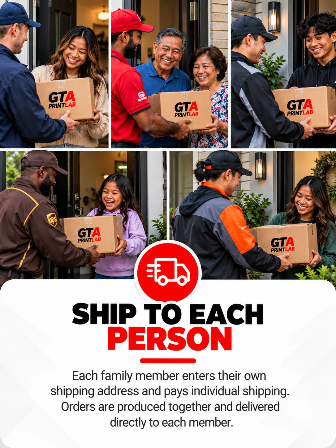 Ship to each person: each member enters their own shipping address and pays individual shipping. Orders are produced together and delivered directly to each member.