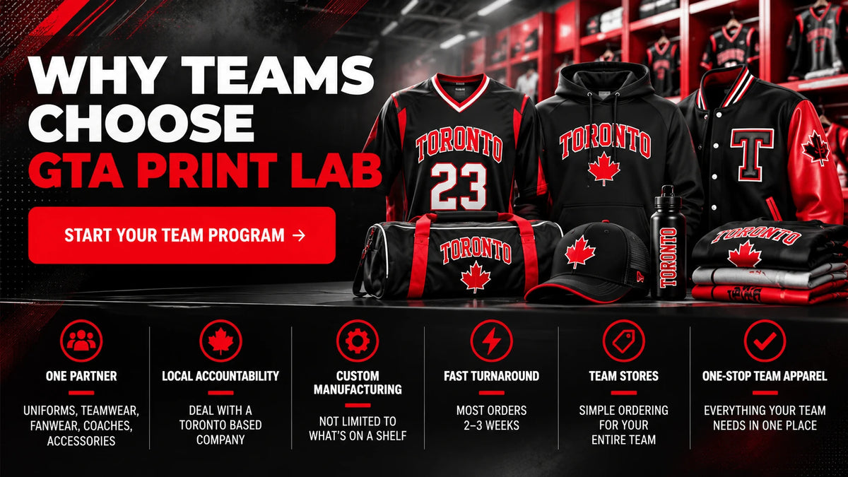 Why teams choose GTA Print Lab: one partner, local accountability, custom manufacturing, fast turnaround, team stores and one-stop team apparel.