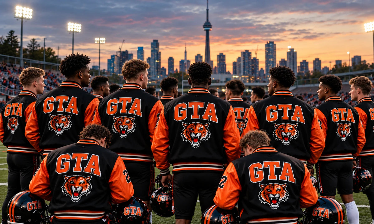 A full team in matching varsity jackets