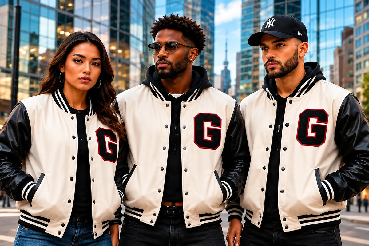 Small group in matching varsity jackets