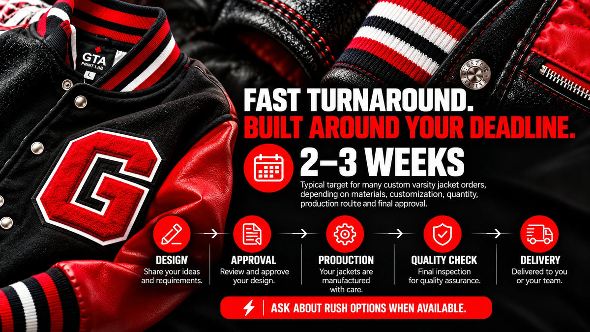 Fast turnaround, built around your deadline. 2–3 weeks is the typical target for many custom varsity jacket orders, depending on materials, customization, quantity, production route and final approval. Design, approval, production, quality check, delivery. Ask about rush options when available.