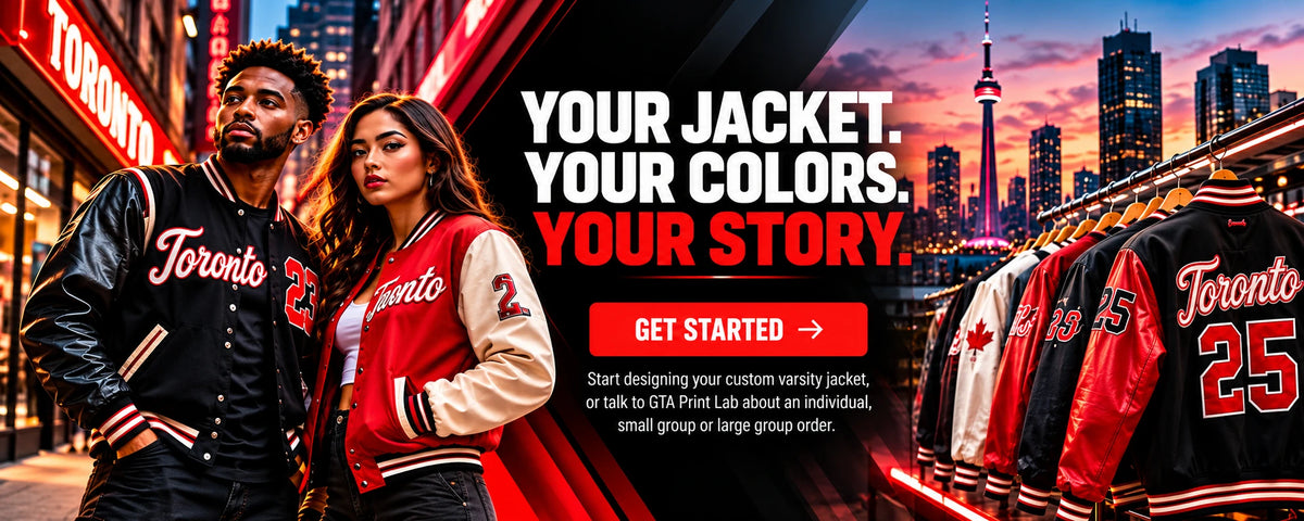 Your jacket. Your colours. Your story. Start designing your custom varsity jacket, or talk to GTA Print Lab about an individual, small group or large group order.