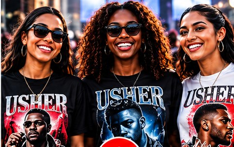 Three friends in matching custom concert tees