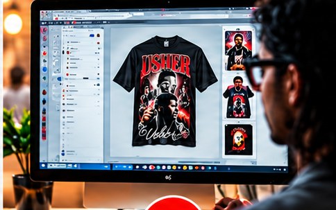 Designer laying out a concert tee on screen