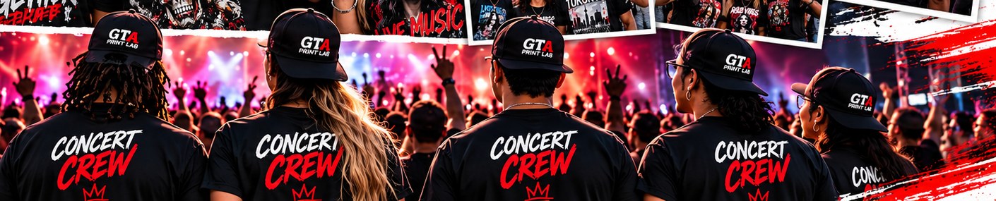 A crew at a show in matching Concert Crew shirts and caps