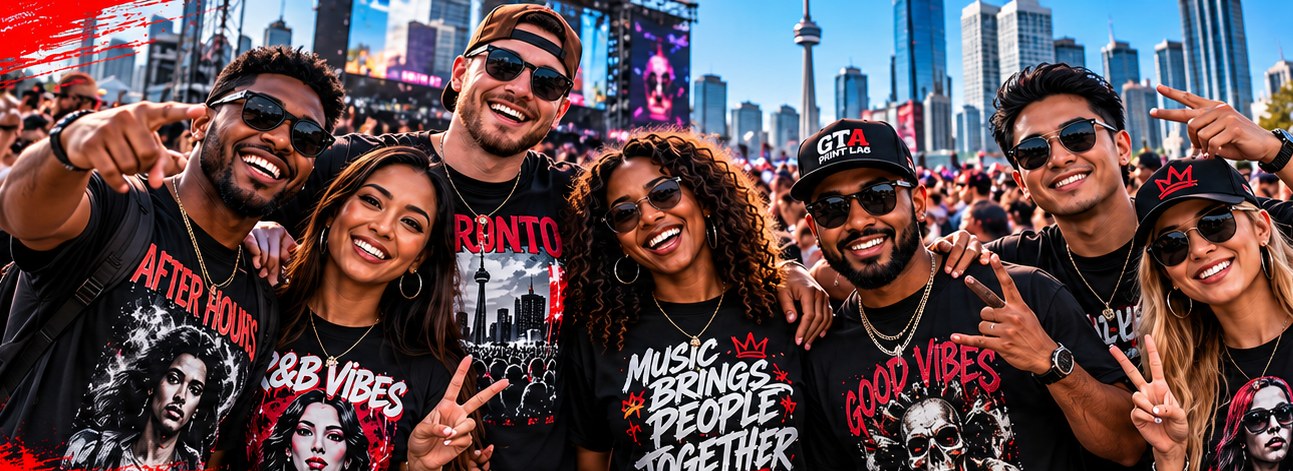 A group of friends at a Toronto show in their own custom concert merch
