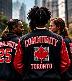 Community group in matching varsity jackets