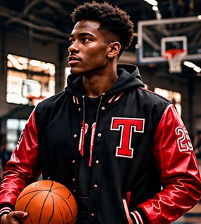 Basketball player in a team varsity jacket